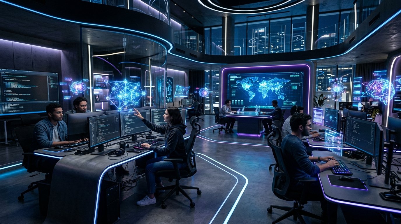 SellGrow futuristic AI development office